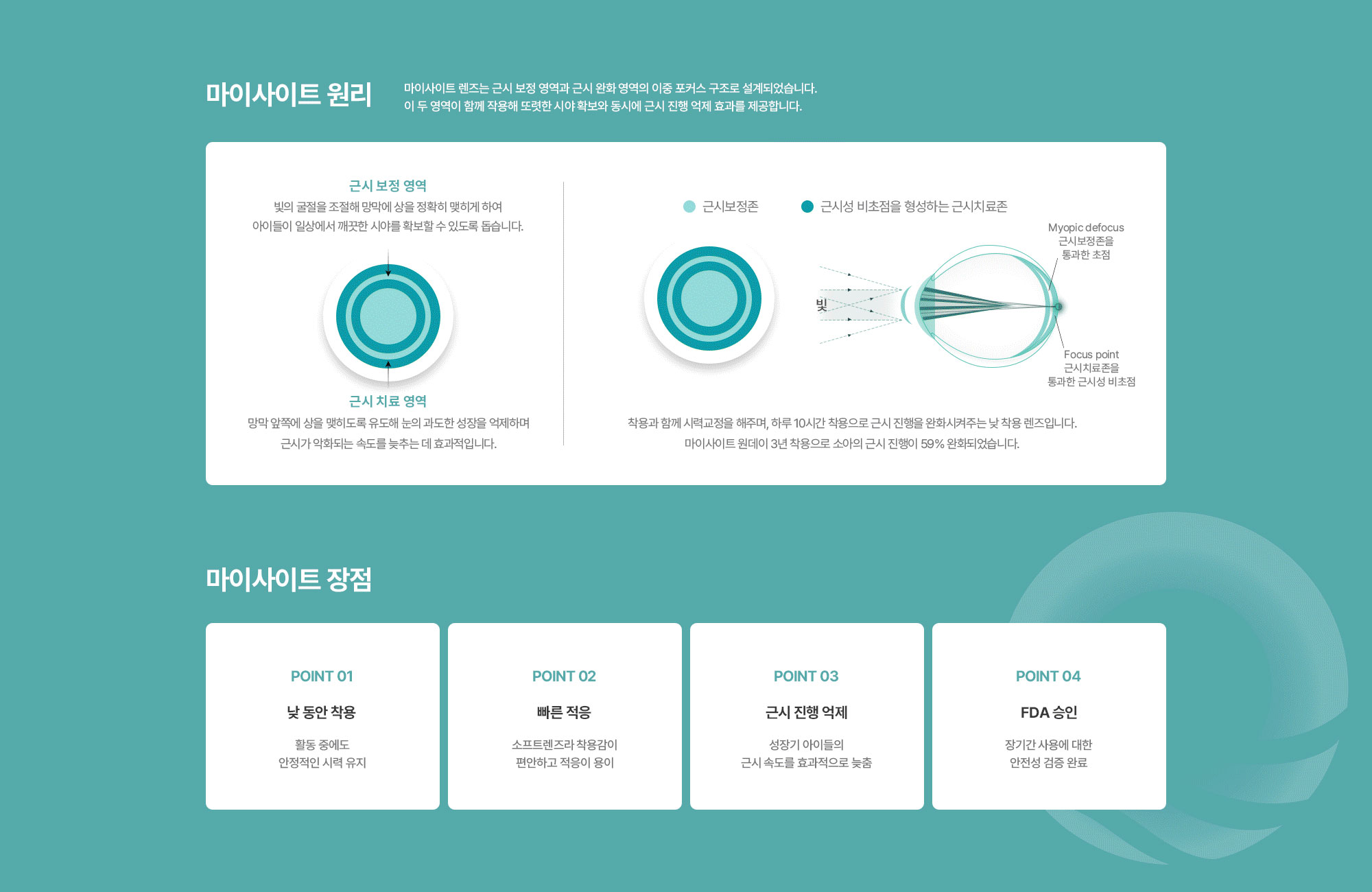 [마이사이트 원리] 마이사이트 렌즈는 근시 보정 영역과 근시 완화 영역의 이중 포커스 구조로 설계되었습니다. 이 두 영역이 함께 작용해 또렷한 시야 확보와 동시에 근시 진행 억제 효과를 제공합니다. [마이사이트 장점] 낮 동안 착용 / 빠른 적응 / 근시 진행 억제 / FDA 승인