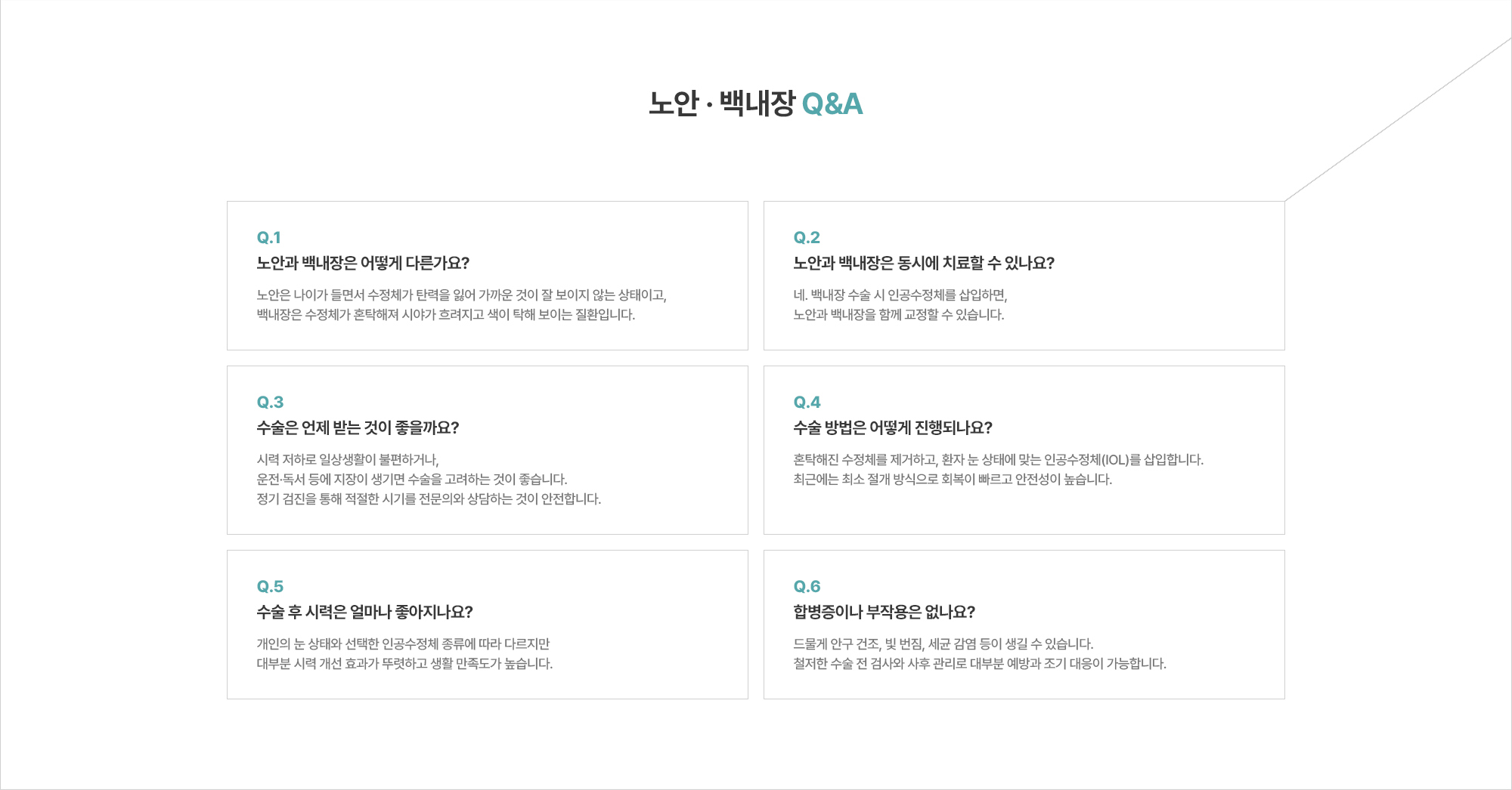 [노안 · 백내장 Q&A] Q. 노안과 백내장은 어떻게 다른가요? A. 노안은 나이가 들면서 수정체가 탄력을 잃어 가까운 것이 잘 보이지 않는 상태이고, 백내장은 수정체가 혼탁해져 시야가 흐려지고 색이 탁해 보이는 질환입니다. / Q. 수술 방법은 어떻게 진행되나요? A. 혼탁해진 수정체를 제거하고, 환자 눈 상태에 맞는 인공수정체(IOL)를 삽입합니다. 최근에는 최소 절개 방식으로 회복이 빠르고 안전성이 높습니다. / Q. 수술 후 시력은 얼마나 좋아지나요? A. 개인의 눈 상태와 선택한 인공수정체 종류에 따라 다르지만 대부분 시력 개선 효과가 뚜렷하고 생활 만족도가 높습니다.