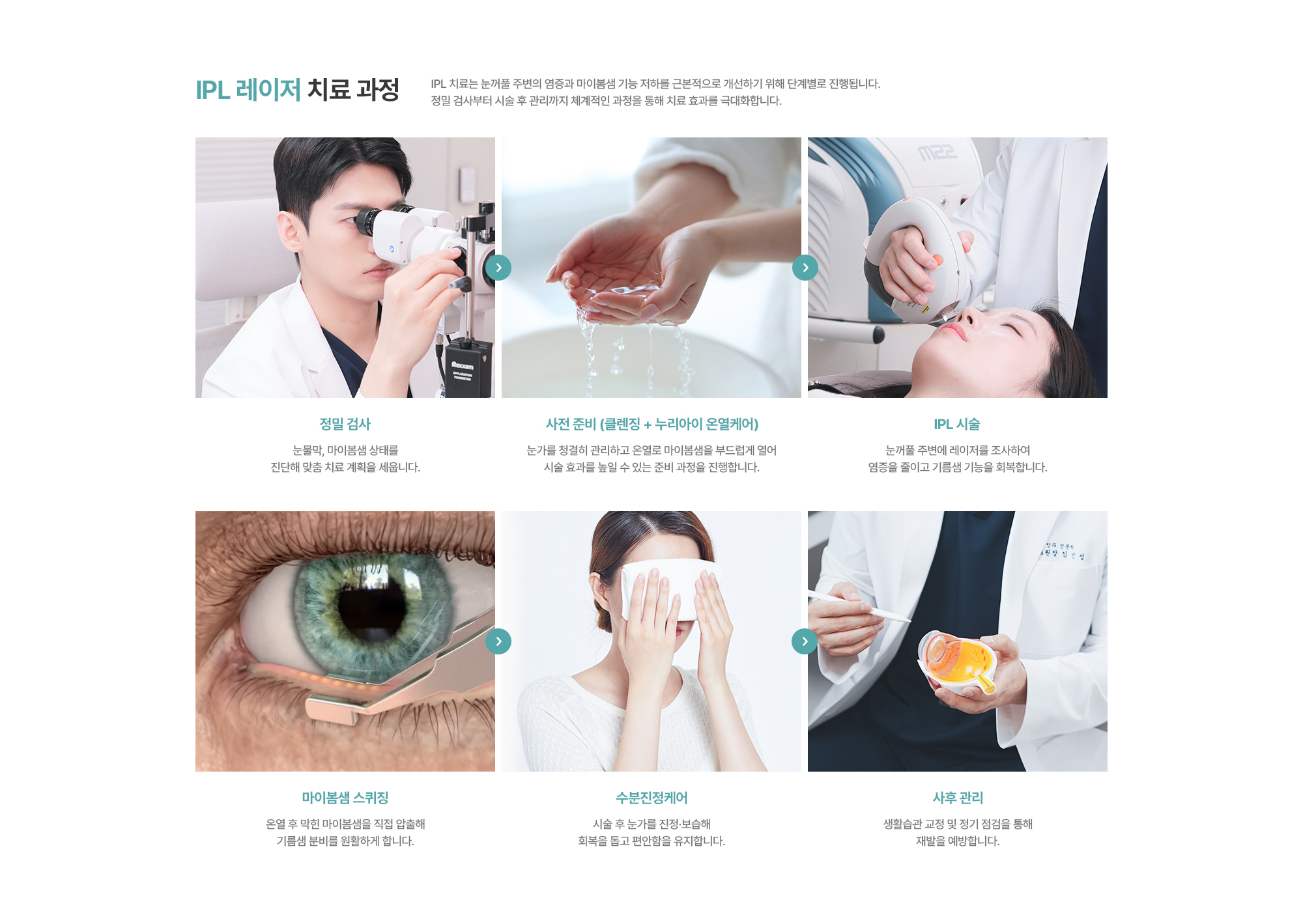 [IPL 레이저 치료 과정] 정밀 검사 > 사전 준비 (클렌징 + 아이누리 온열케어) > IPL 시술 > 마이봄샘 스퀴징 > 수분진정케어 > 사후 관리