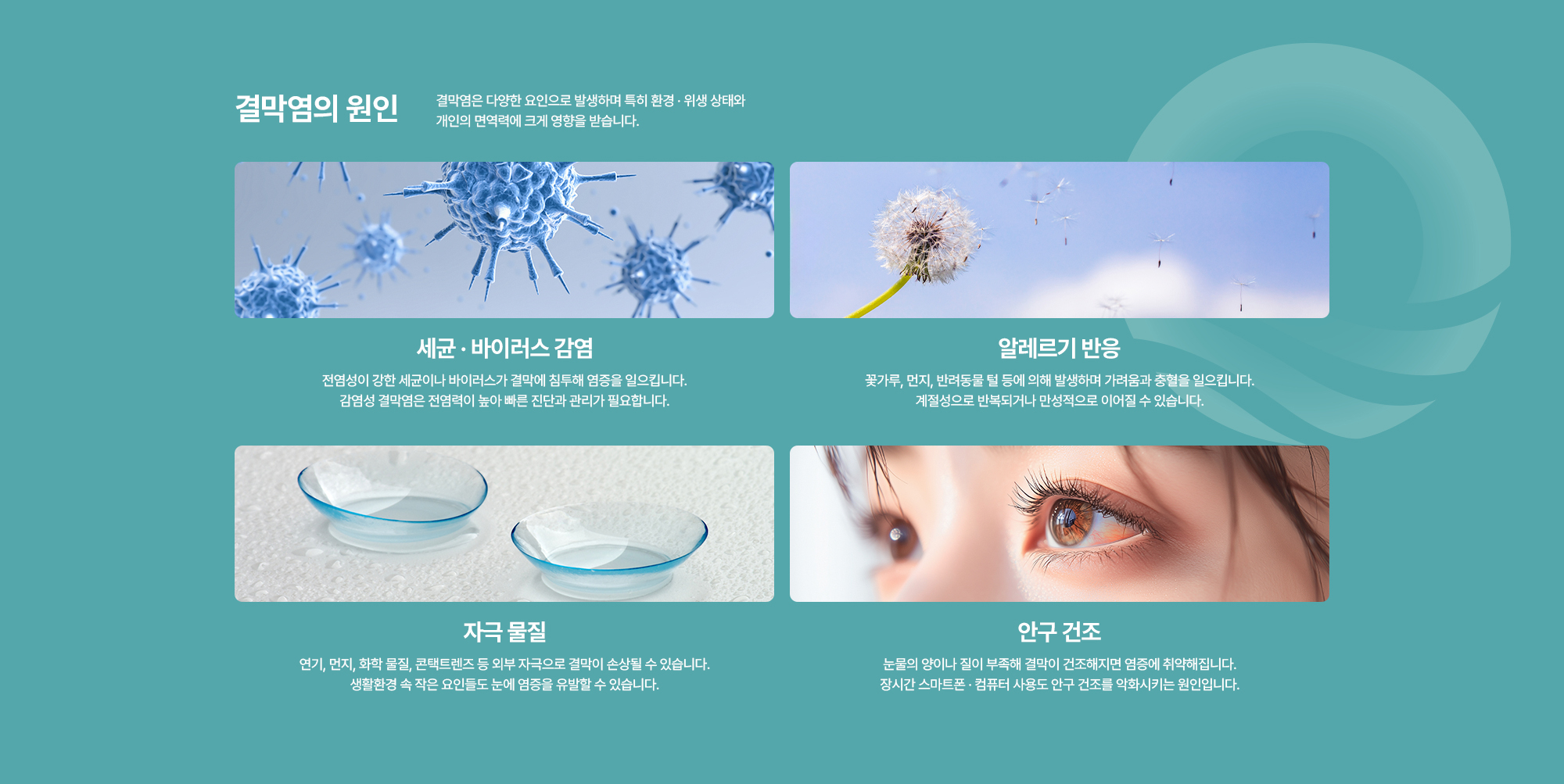 [결막염의 원인] 세균 · 바이러스 감염 / 알레르기 반응 / 자극 물질 / 안구 건조